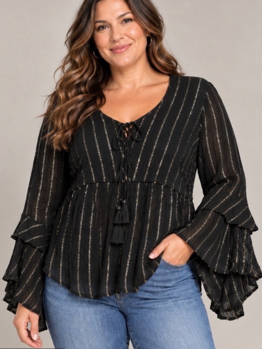 Idyllwind Women’s Black Metallic Striped Peasant Top L NWT Western Festival